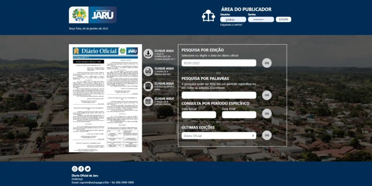 Transparência: Prefeitura de Jaru implanta Diário Oficial Eletrônico; atos públicos do município já são publicados na nova ferramenta